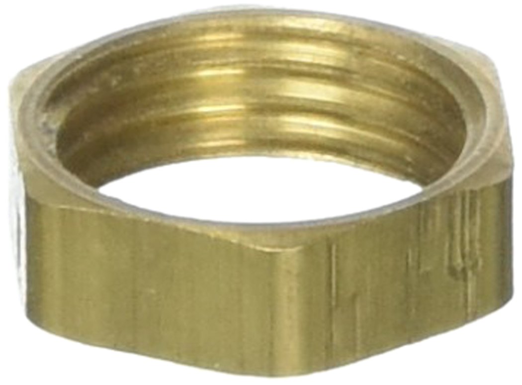 Brass hex nut with grooved sides and threaded interior opening.