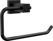 Matte black rectangular tissue holder with curved arm and wall-mounted bracket.
