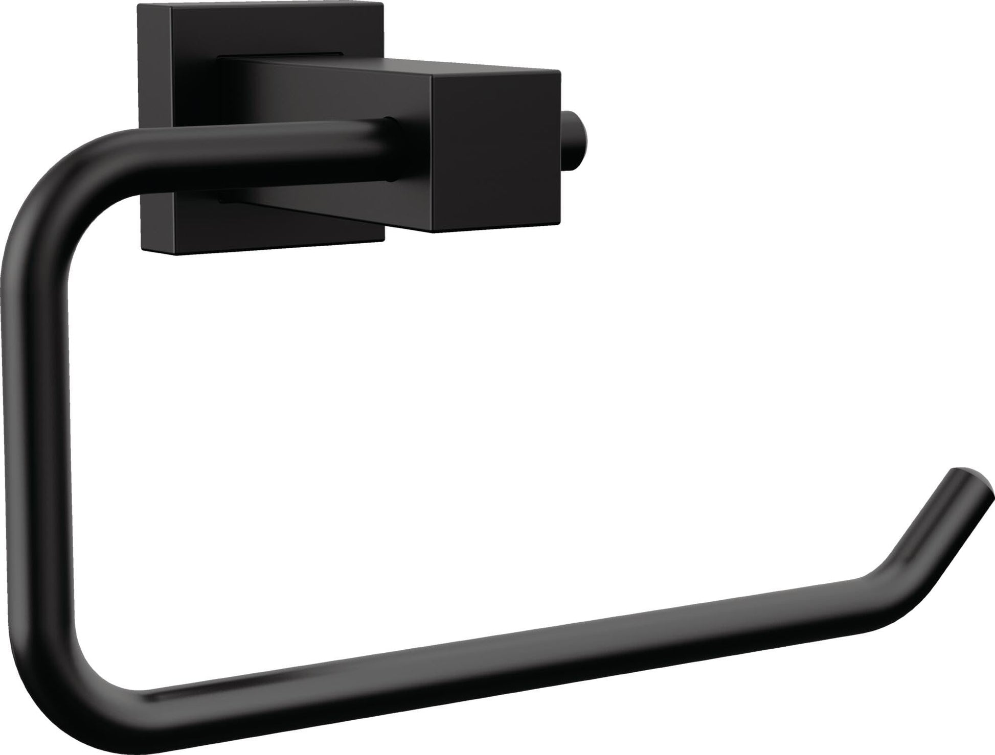 Matte black rectangular tissue holder with curved arm and wall-mounted bracket.
