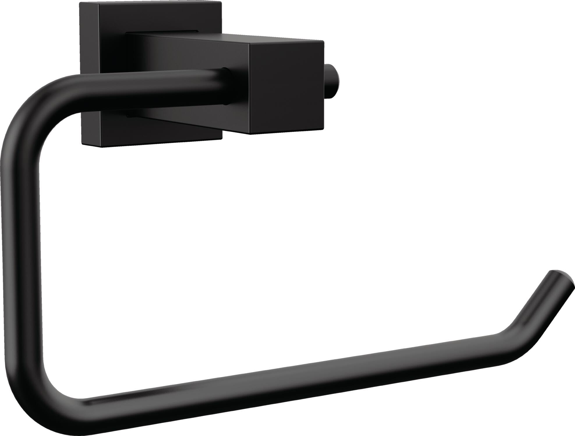 Matte black rectangular tissue holder with curved arm and wall-mounted bracket.