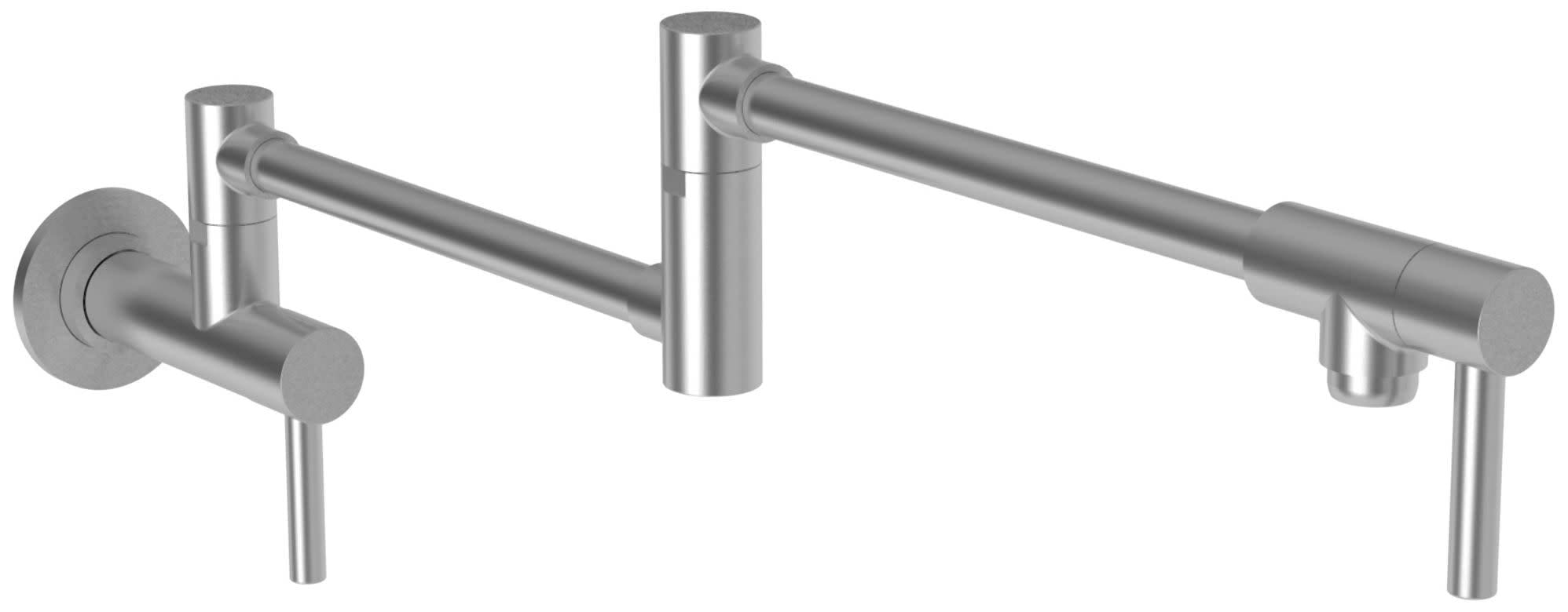 Stainless steel wall-mounted pot filler faucet with linear design, articulating arm, and single lever handle.
