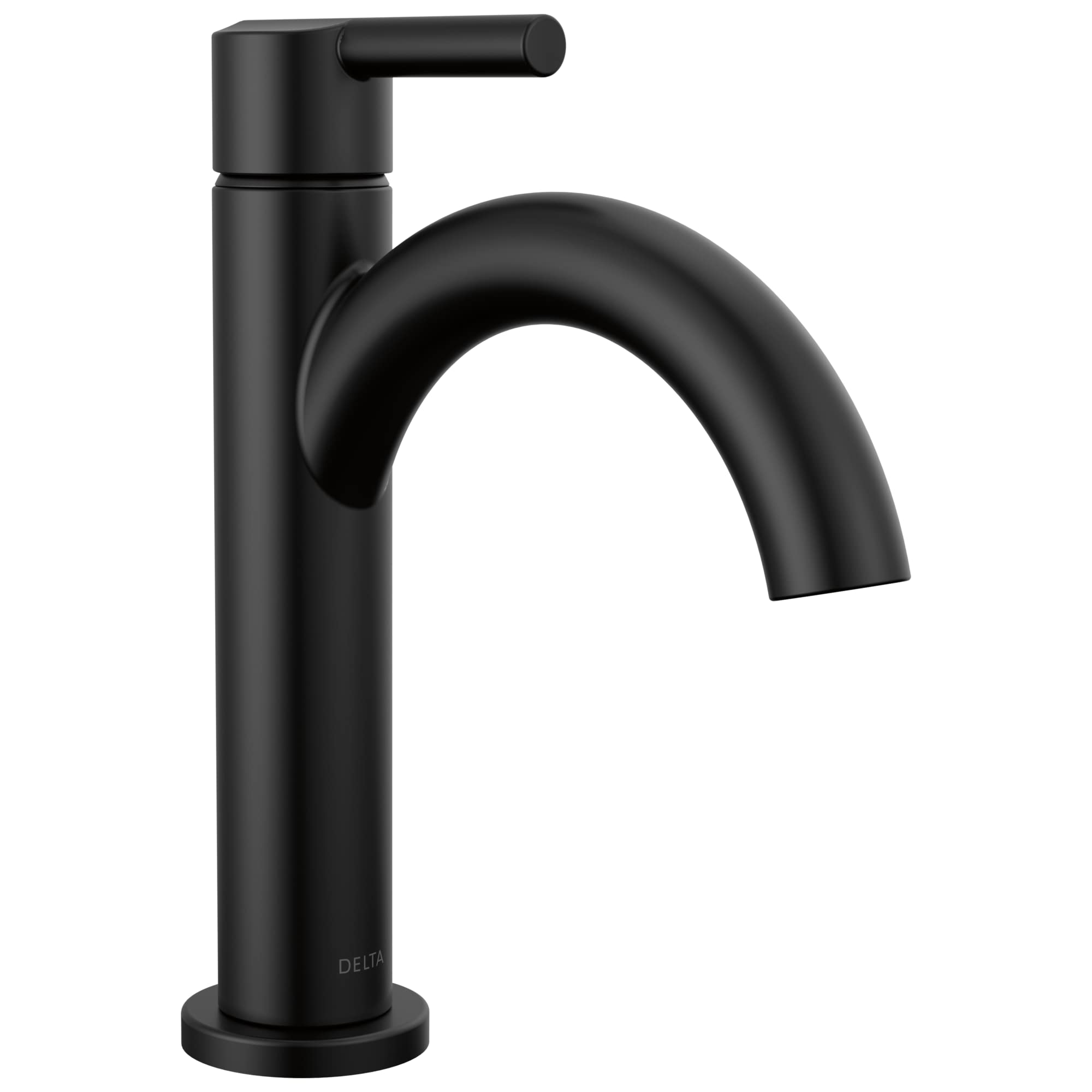 Matte black single-handle bathroom faucet with curved spout and cylindrical body on round base.