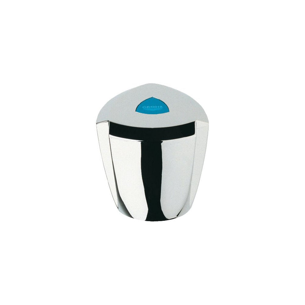 Chrome faucet handle with rounded top, black grip area, and blue accent button.