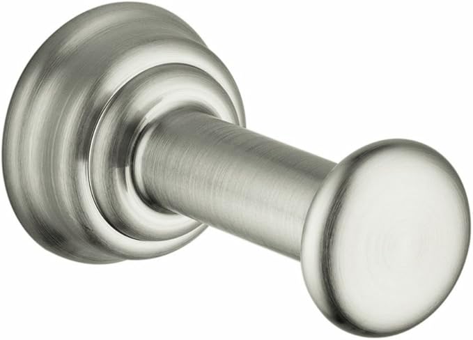 Brushed nickel wall-mounted hook with cylindrical post and circular finial on decorative round backplate.