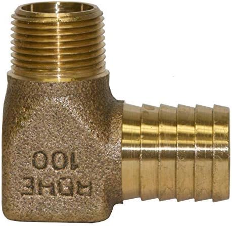 Bronze hydrant elbow with threaded male connection on one end and barbed plastic pipe connection on the other.