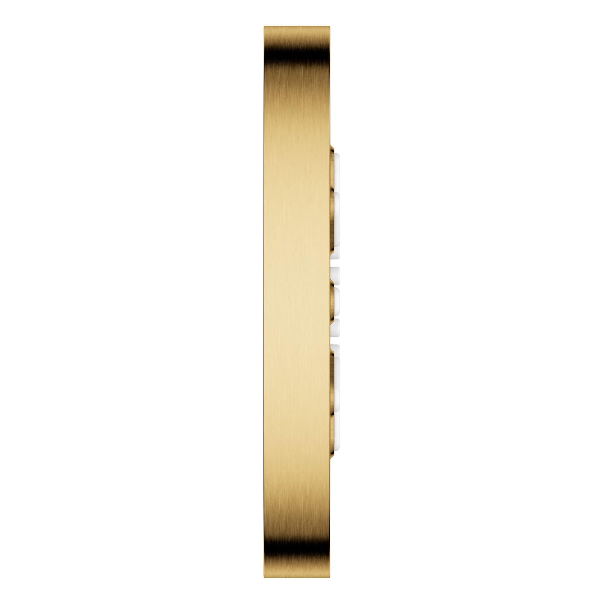 Vertical rectangular brushed gold body spray with two white spray nozzles mounted on the side.