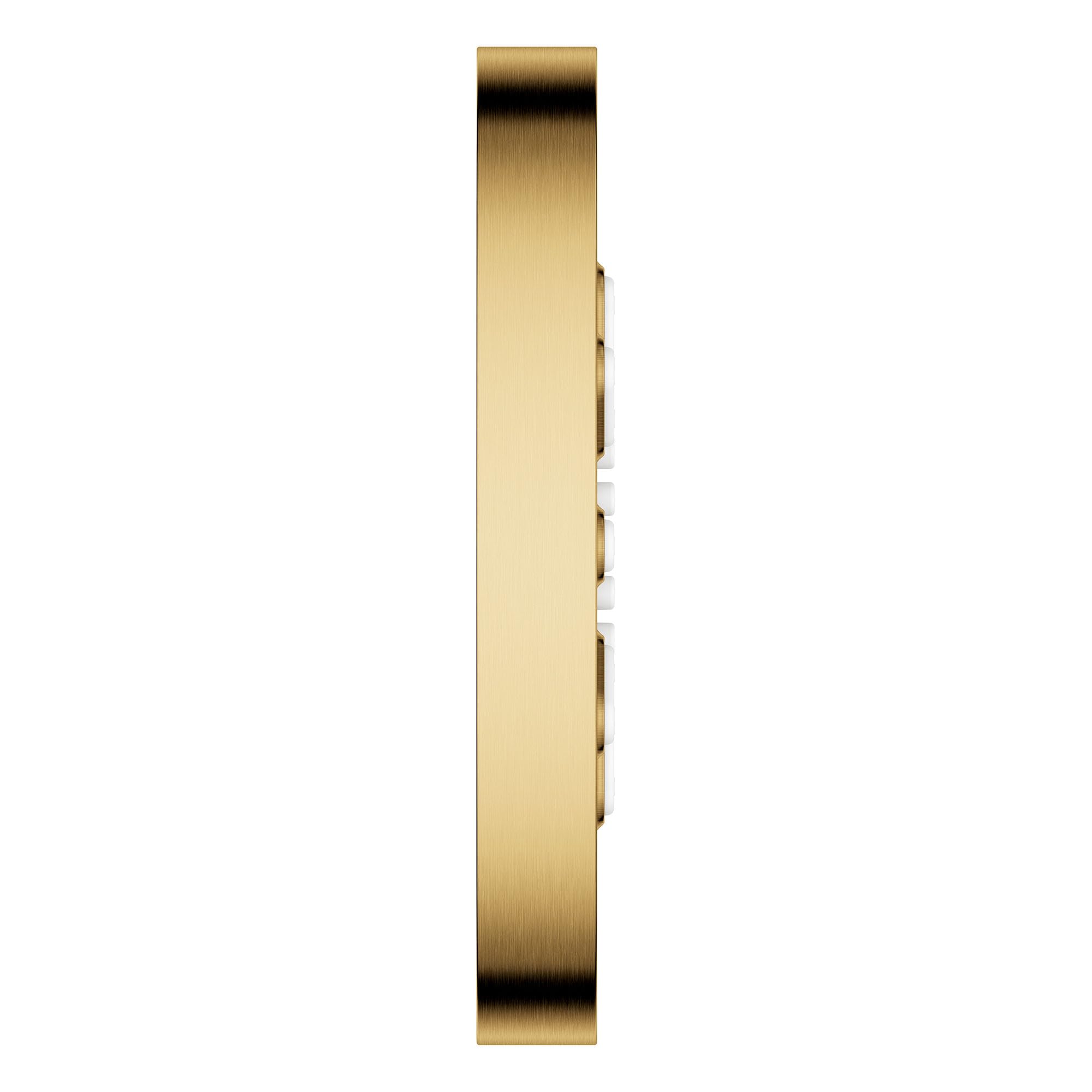Vertical rectangular brushed gold body spray with two white spray nozzles mounted on the side.