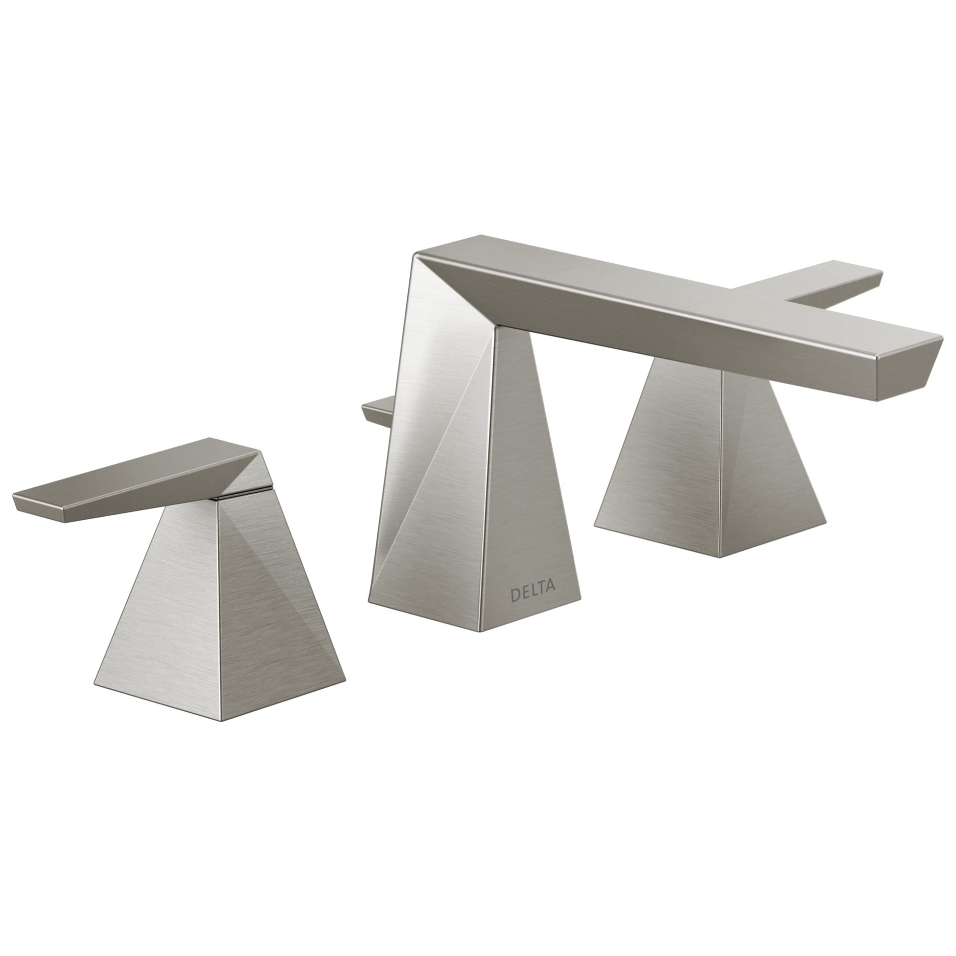 Chrome three-piece bathroom faucet with two handles, pyramid-shaped bases, and a horizontal spout.