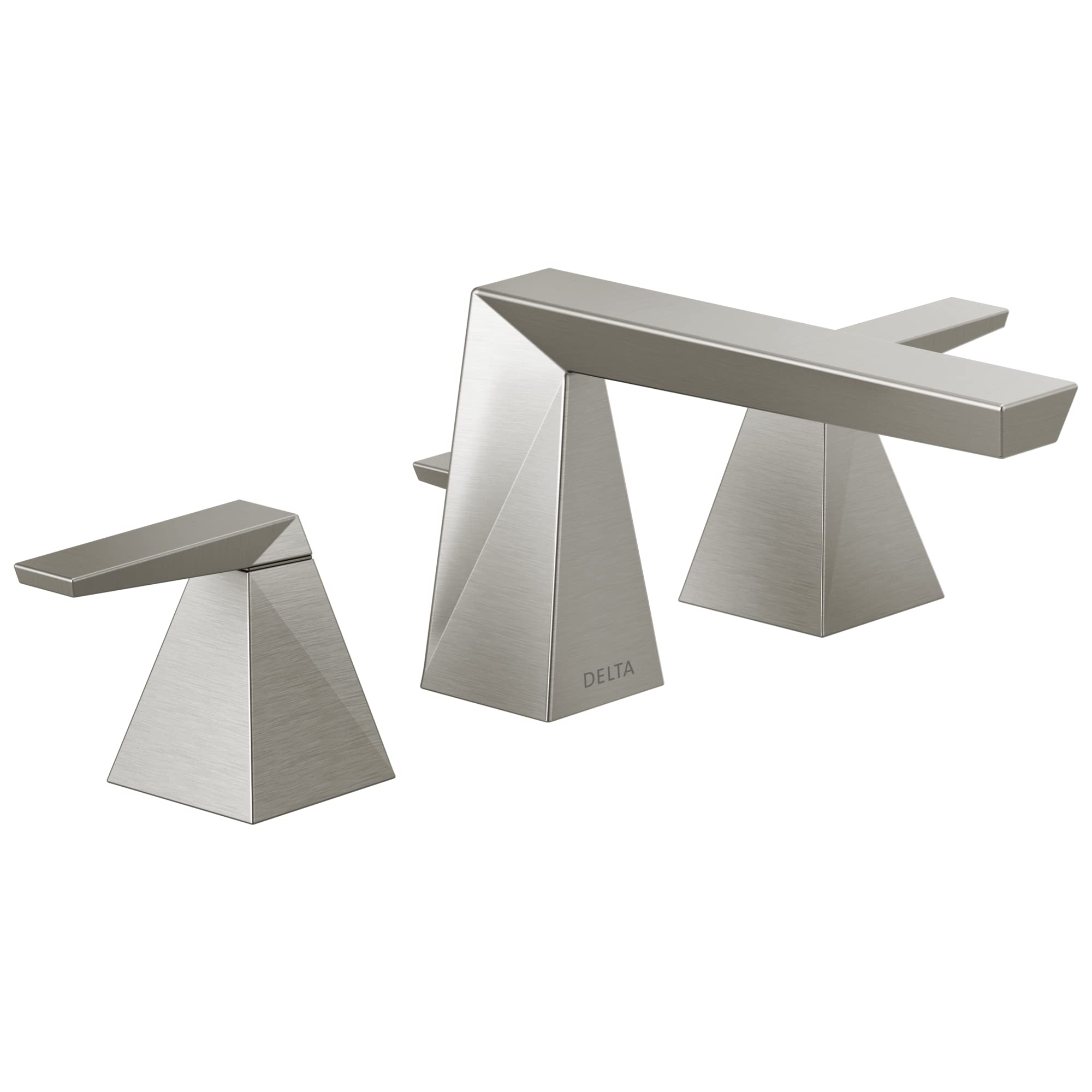Chrome three-piece bathroom faucet with two handles, pyramid-shaped bases, and a horizontal spout.