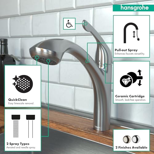 Steel optic kitchen faucet with pull-out spray head and dual spray settings displayed above sink.
