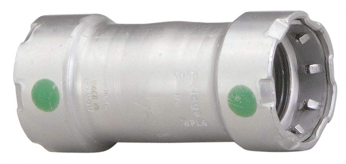 Silver metal press coupling with green circular markers on sides and ribbed connector end.