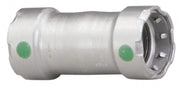 Silver metal press coupling with green circular markers on sides and ribbed connector end.