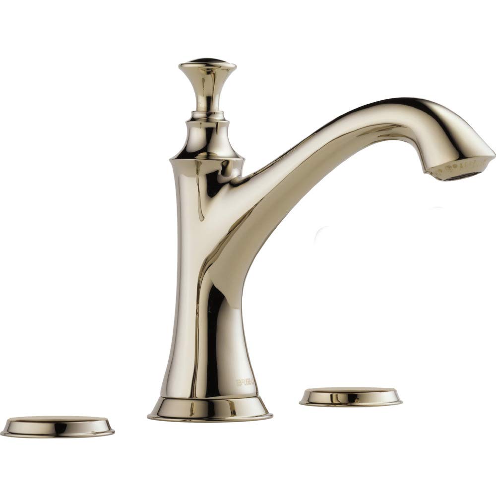 Polished nickel widespread lavatory faucet with curved spout and decorative finial, shown with two round base plates.