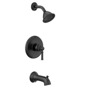 Matte black single-handle tub and shower trim kit with round showerhead, valve trim plate, and tub spout.