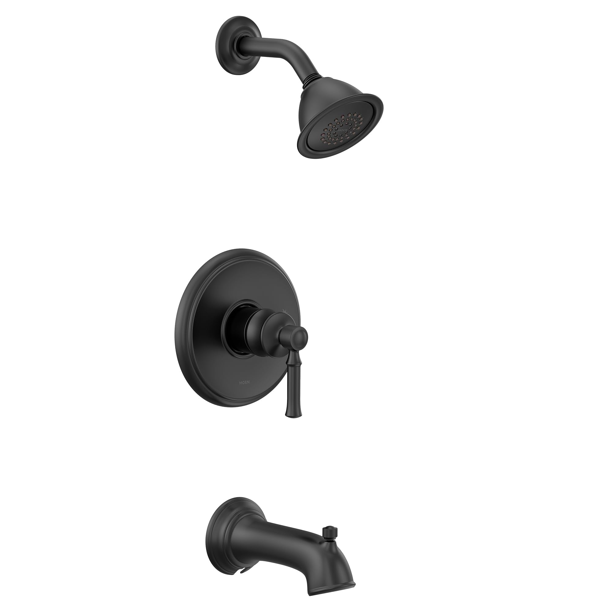 Matte black single-handle tub and shower trim kit with round showerhead, valve trim plate, and tub spout.