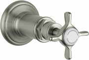 Brushed nickel volume control trim with cross handle and circular backplate for shower or bath installation.