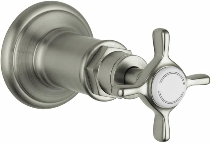 Brushed nickel volume control trim with cross handle and circular backplate for shower or bath installation.