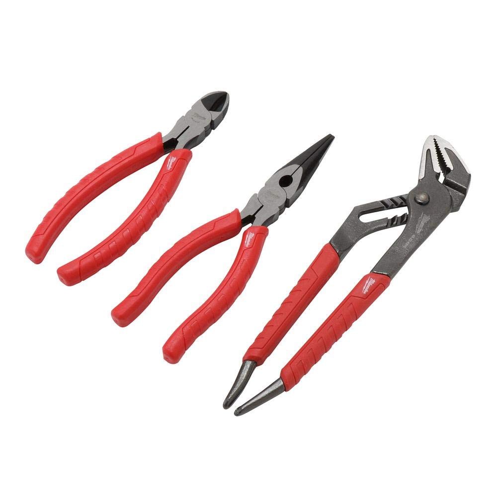 Three pliers with red handles and gray metal heads: diagonal cutters, needle-nose pliers, and adjustable wrench-style pliers.