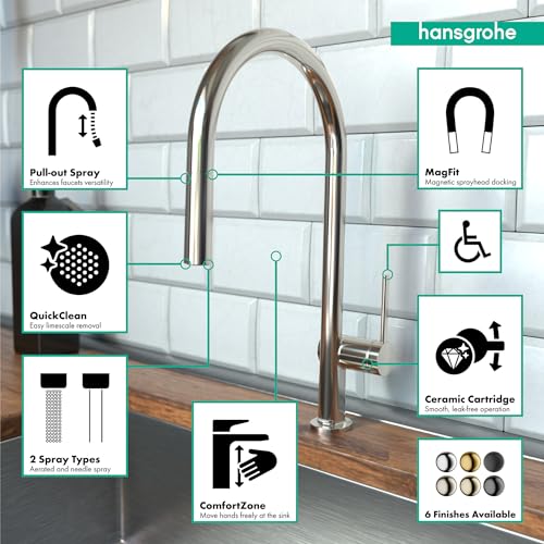 Polished nickel high-arc kitchen faucet with pull-down spray head and dual spray modes mounted on countertop.