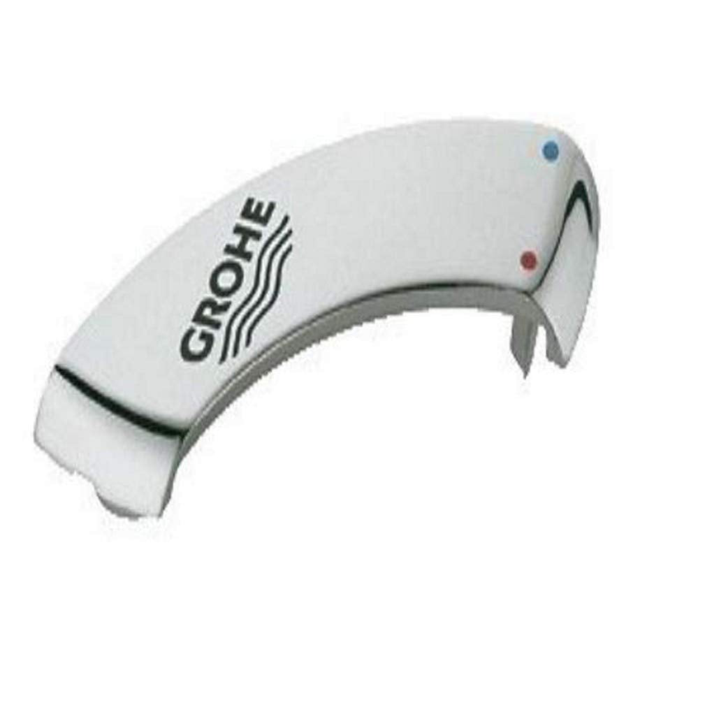 Grohe chrome cover cap with curved design, GROHE logo, and blue and red indicator dots.