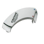 Grohe chrome cover cap with curved design, GROHE logo, and blue and red indicator dots.