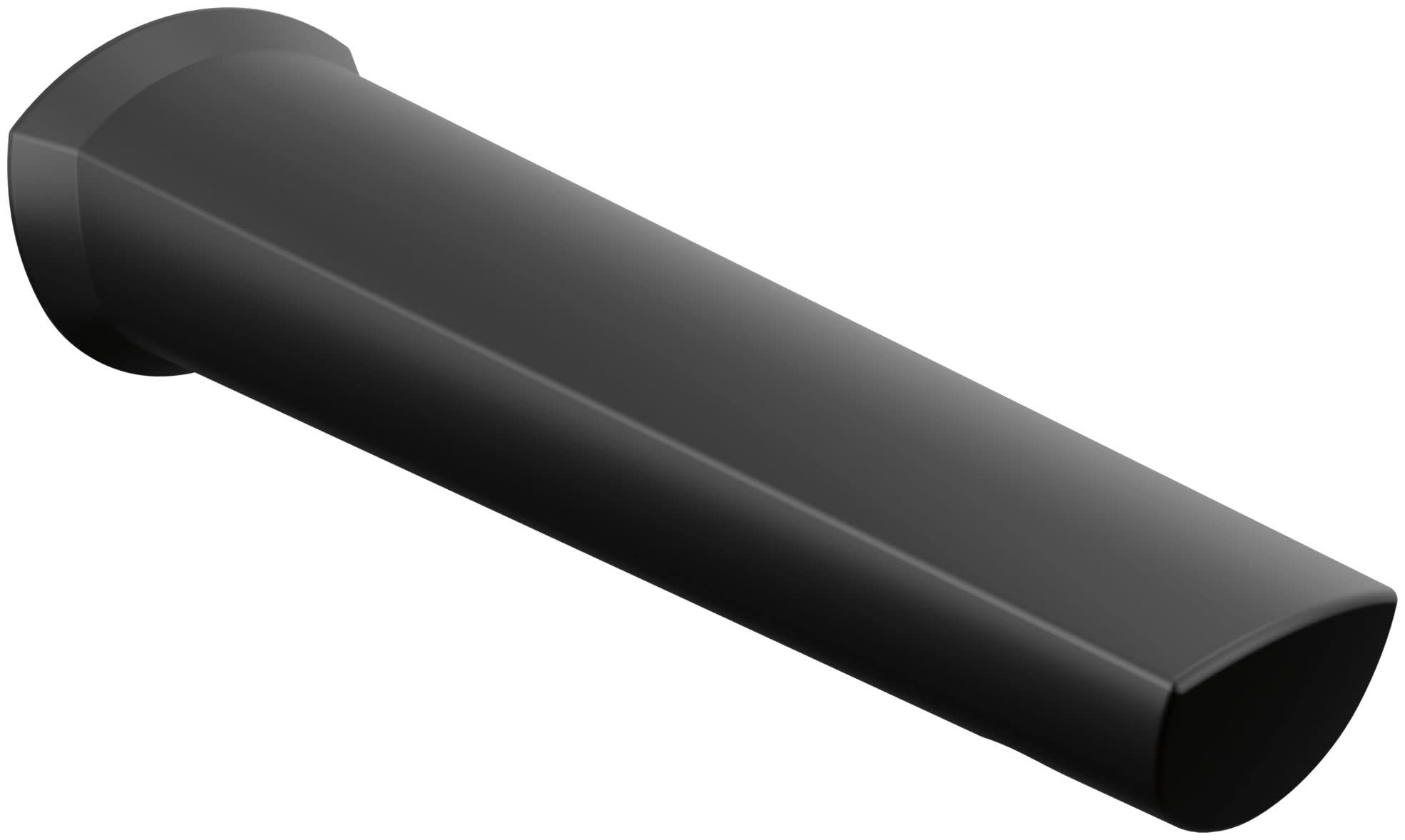 Matte black tub spout with curved cylindrical body and angled outlet end.
