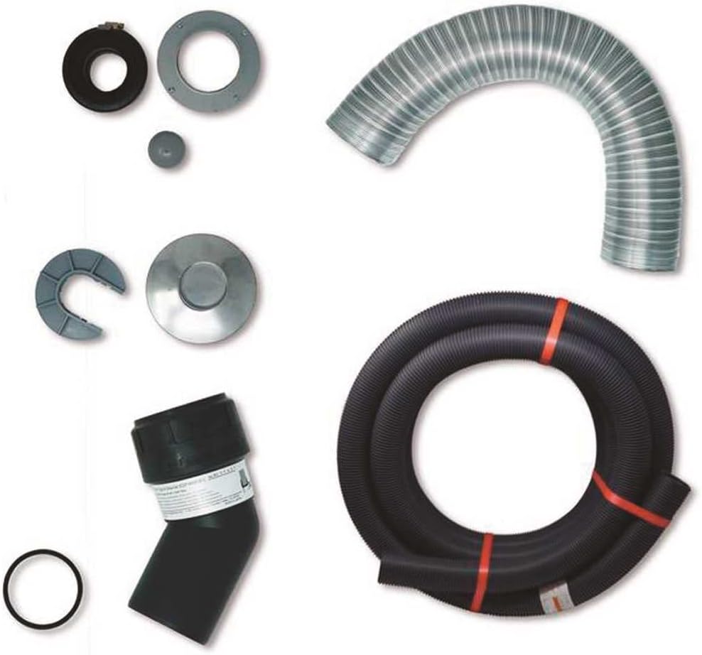 Flexible venting kit with coiled metal and black rubber ducts, metal flanges, connectors, and small hardware components.