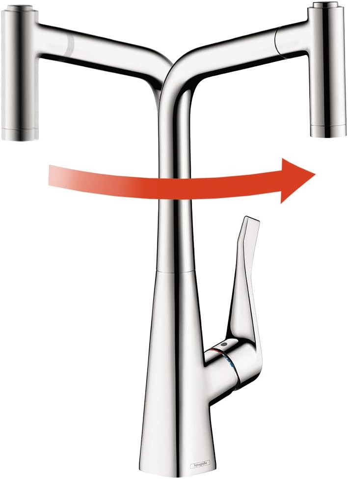 Hansgrohe Metris high-arc prep kitchen faucet in steel with single lever handle and dual spray outlets shown with motion arro
