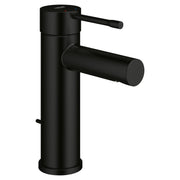 Matte black single-handle bathroom faucet with cylindrical body and side lever handle.
