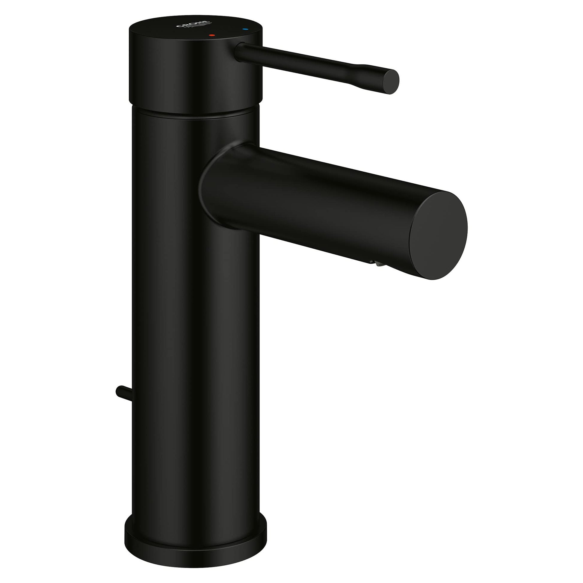 Matte black single-handle bathroom faucet with cylindrical body and side lever handle.