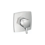Chrome square pressure balance valve trim with single lever handle and curved escutcheon plate.