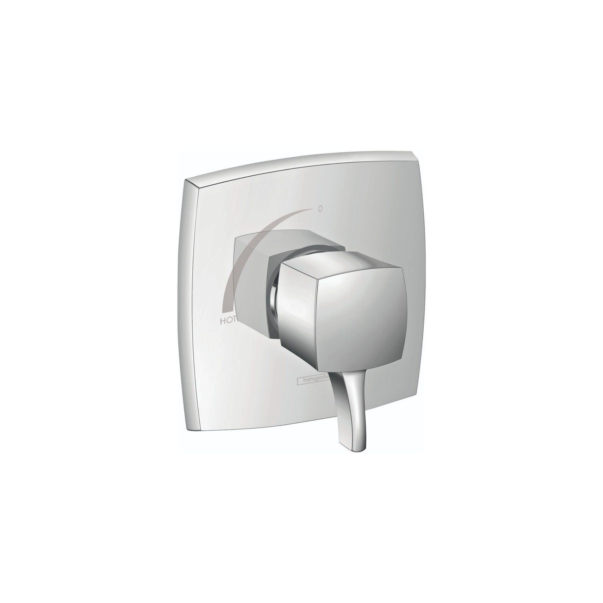 Chrome square pressure balance valve trim with single lever handle and curved escutcheon plate.