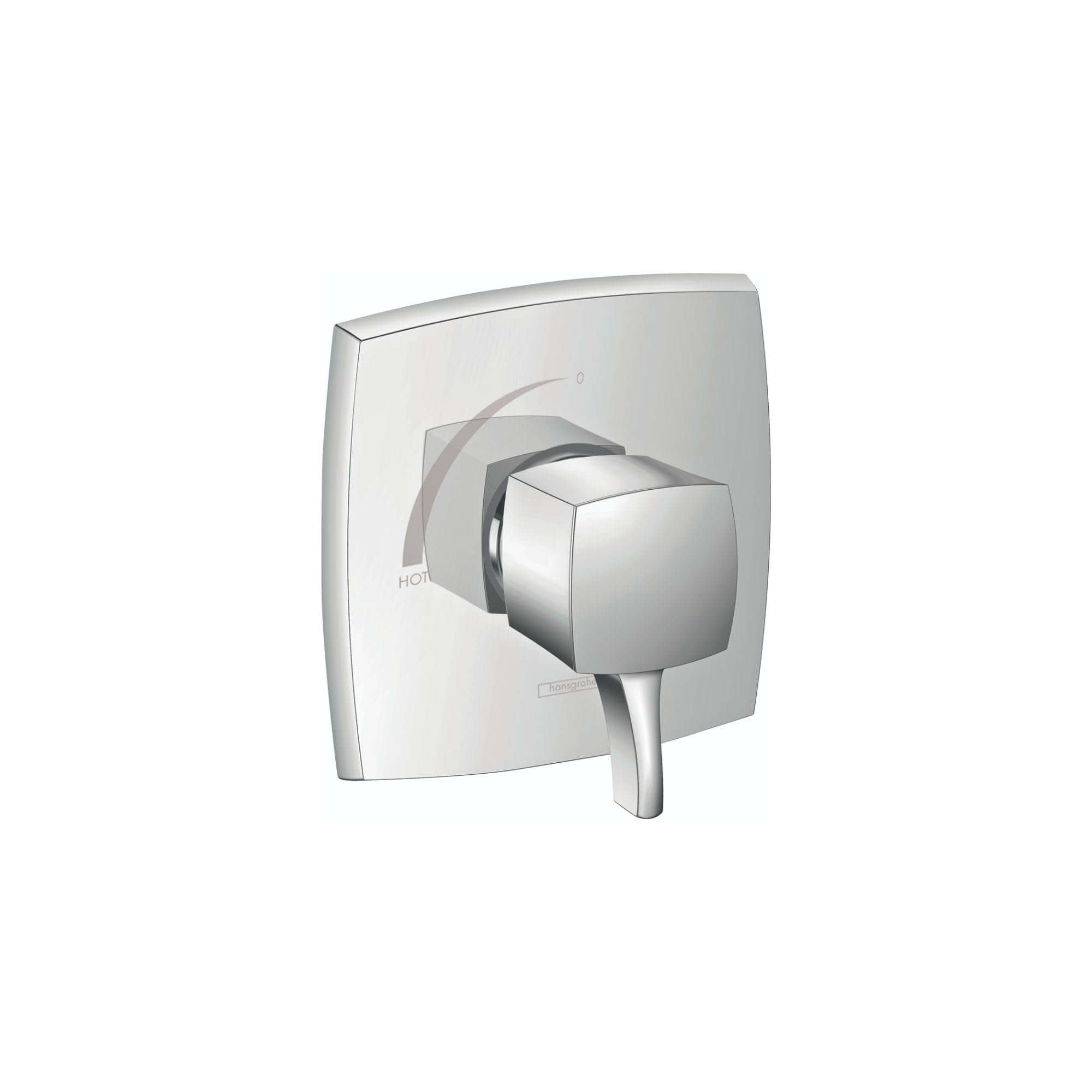 Chrome square pressure balance valve trim with single lever handle and curved escutcheon plate.