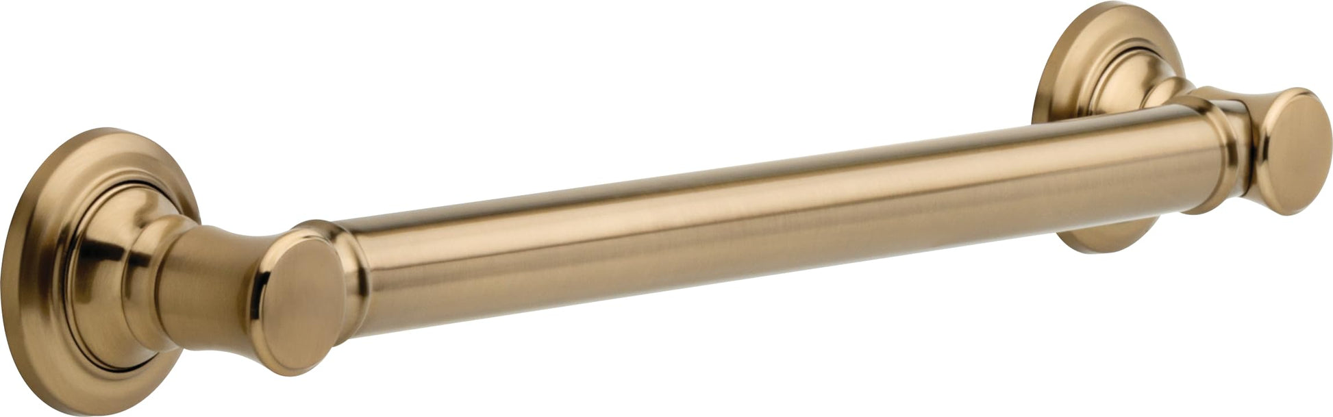 Champagne bronze 18-inch grab bar with circular wall flanges and decorative knobs at each end.
