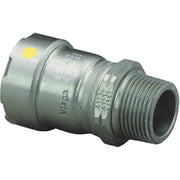 Metal press adapter with yellow identification dot, smooth cylindrical press end and threaded male connection end.