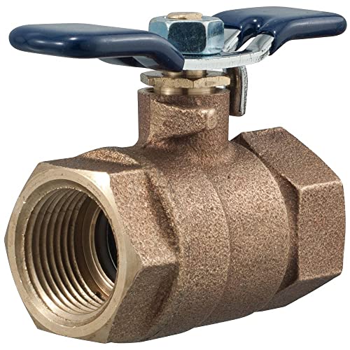 Brass ball valve with blue lever handle and threaded female connection ports on opposite ends.