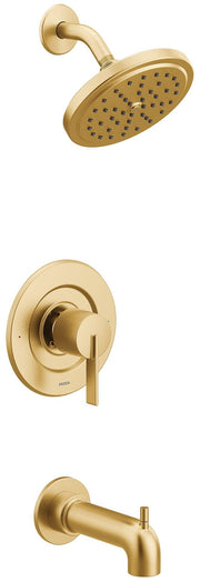 Brushed gold tub and shower trim with round showerhead, valve handle, and curved tub spout.