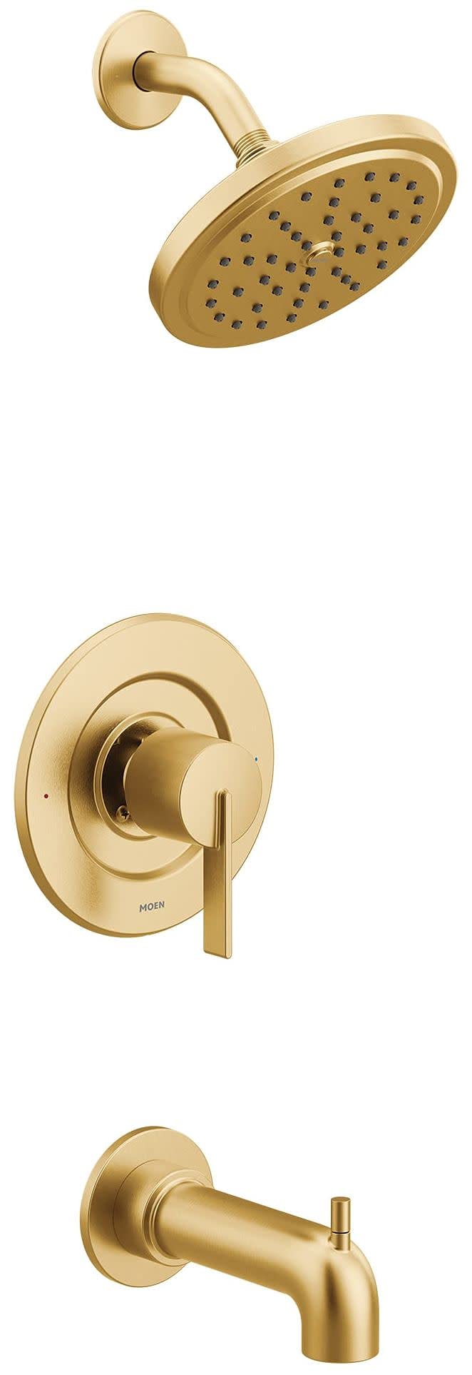 Brushed gold tub and shower trim with round showerhead, valve handle, and curved tub spout.