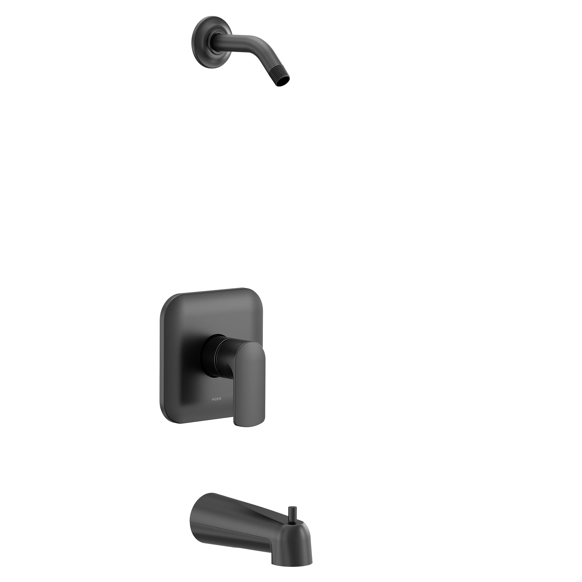 Moen Rizon matte black tub and shower trim kit with single handle, shower arm, and tub spout.