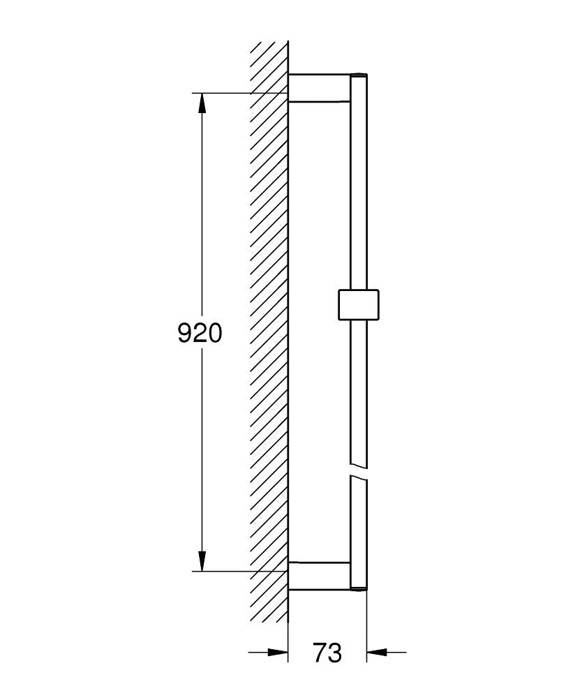Chrome shower slide bar with integrated holder and hose connection, mounted vertically on wall with 920mm height and 73mm pro