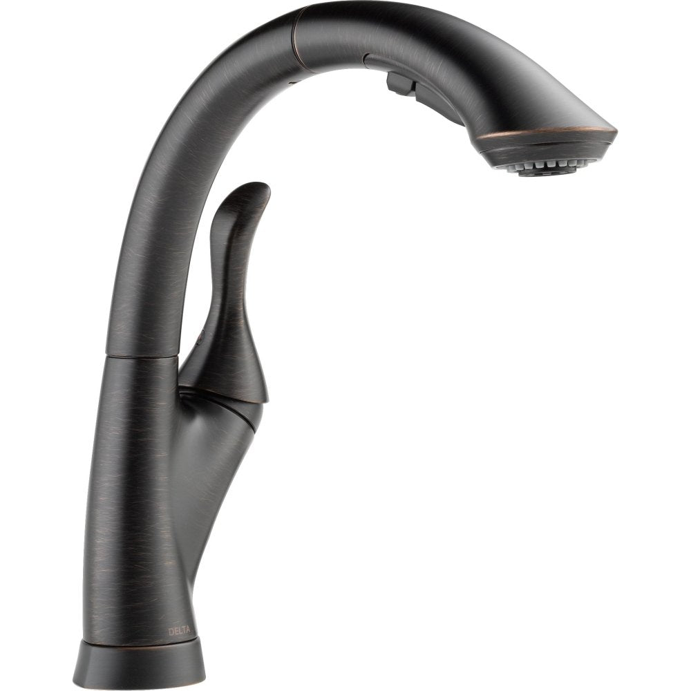 Matte black high-arc kitchen faucet with single handle and pull-out sprayer head.