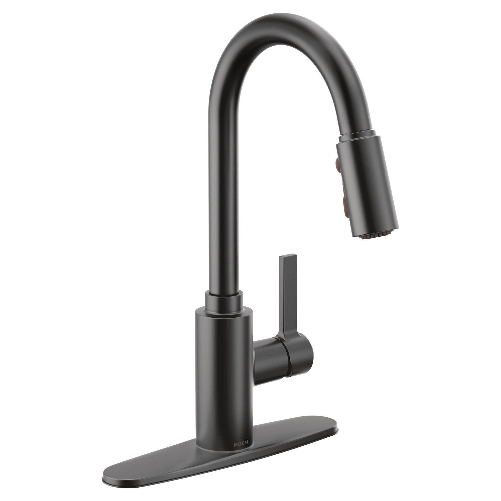 Matte black kitchen faucet with curved spout, single lever handle, and pull-down sprayer head docked in upright position.
