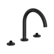 Matte black three-piece tub faucet with arched spout and two control handles on circular bases.