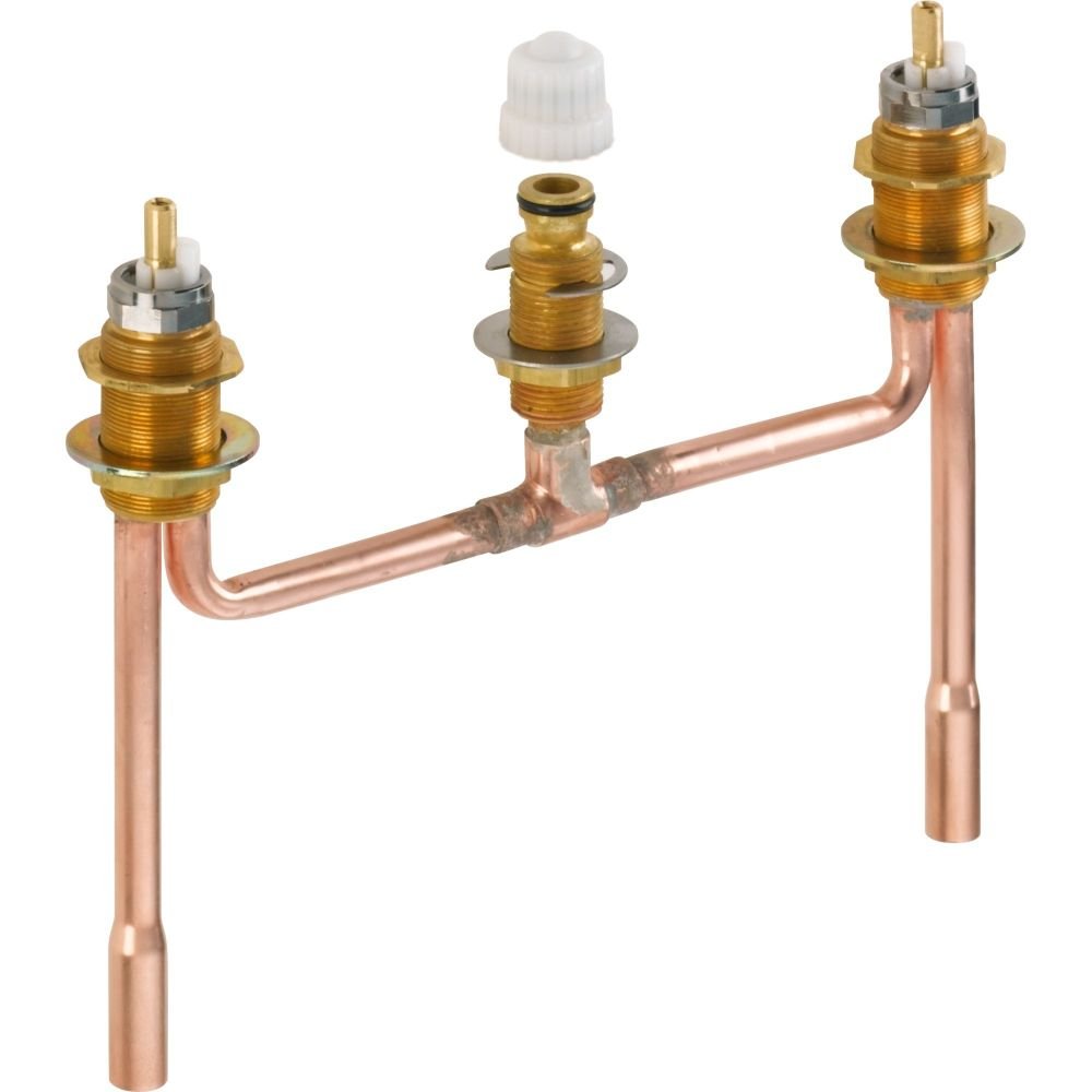 Two-handle rough-in valve with copper piping, brass cartridges, and white cap for Delta faucet installation.