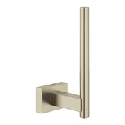 Brushed nickel toilet paper holder with square wall mount and vertical cylindrical rod.