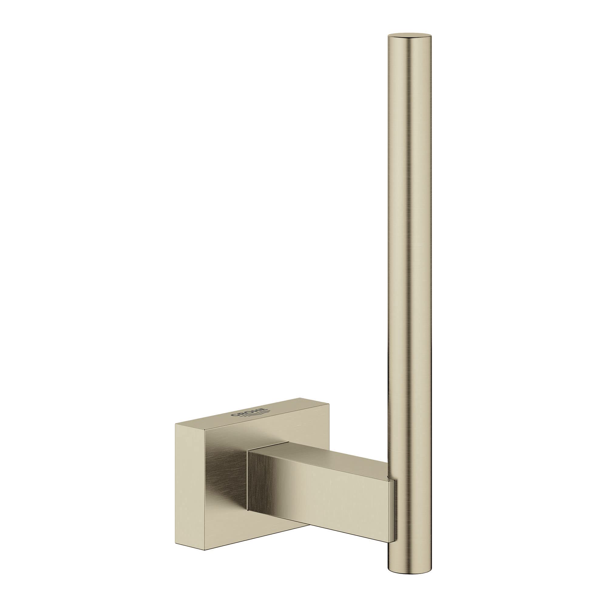 Brushed nickel toilet paper holder with square wall mount and vertical cylindrical rod.