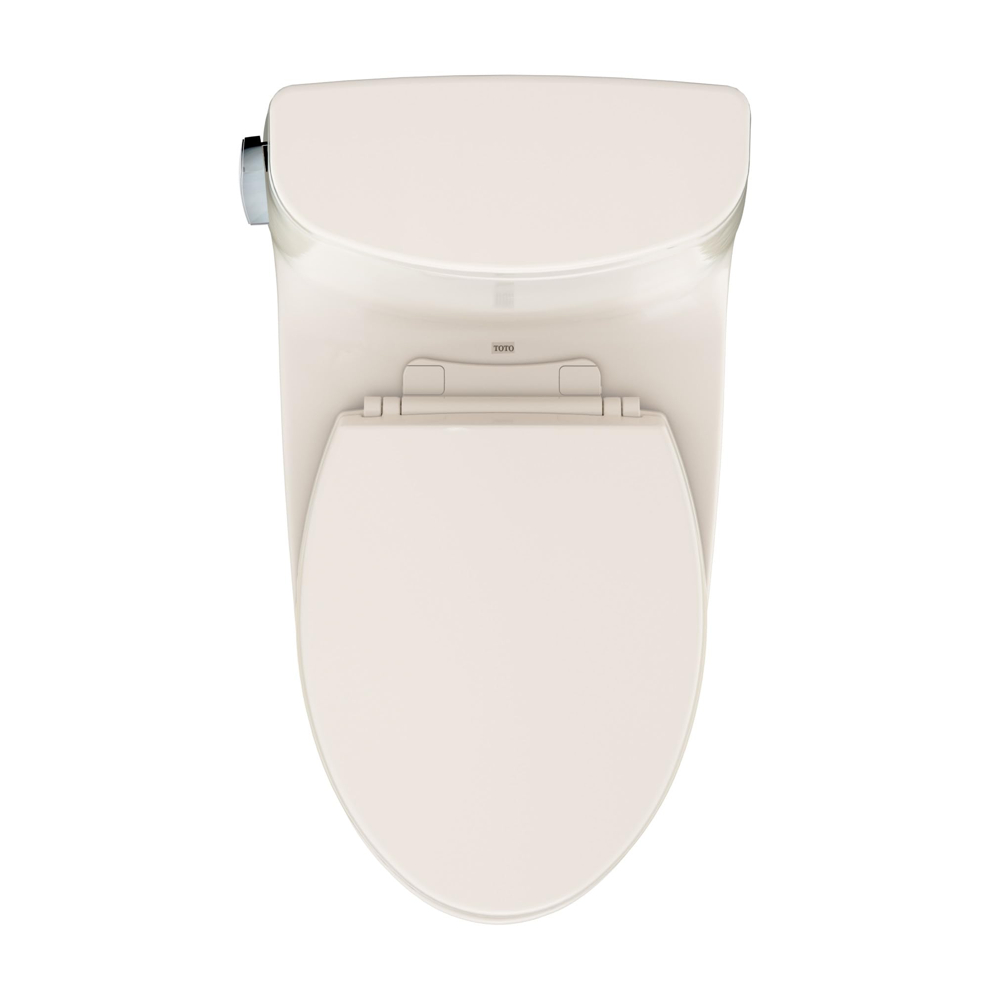 Sedona beige one-piece elongated toilet with closed lid and tank, shown from above.