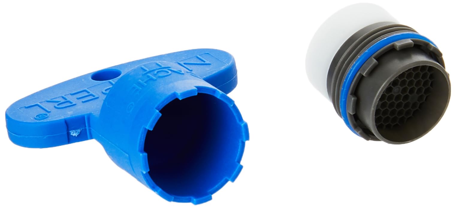Blue plastic flow control valve with lever handle and black aerator insert with blue band.