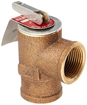 Bronze boiler relief valve with 3/4 inch female connection and lever handle on top.