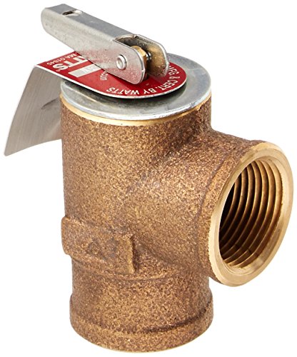 Bronze boiler relief valve with 3/4 inch female connection and lever handle on top.